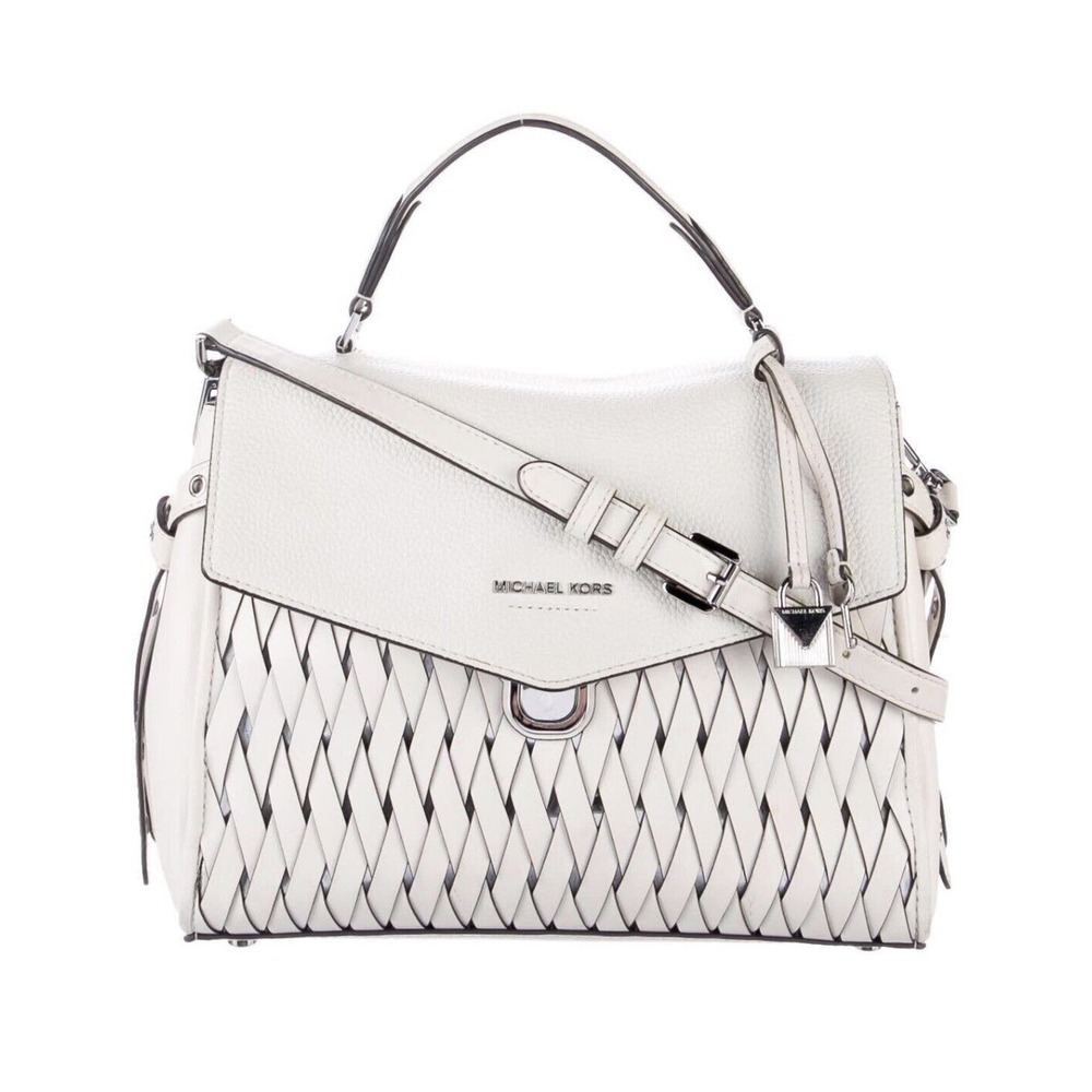 Michael Kors Bristol‎ Medium Woven Leather Optic White Leather Satchel
